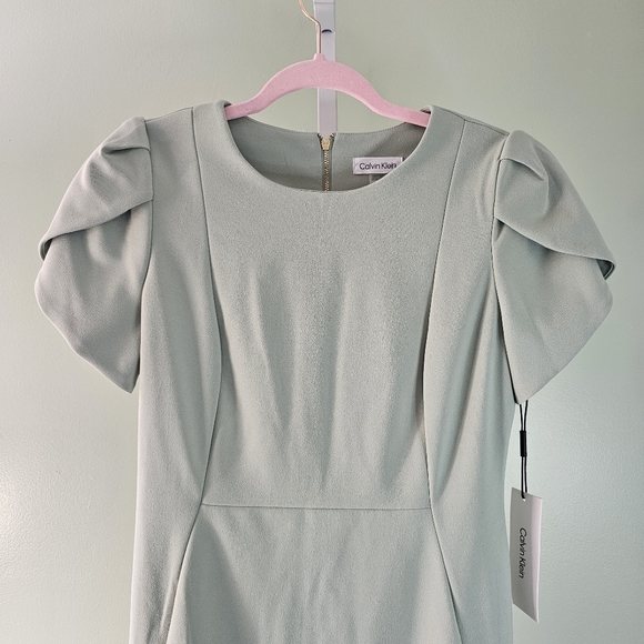 Calvin Klein Crew Neck Short Tulip Sleeve Solid Sheath Stretch Dress Sage Green - Picture 3 of 12